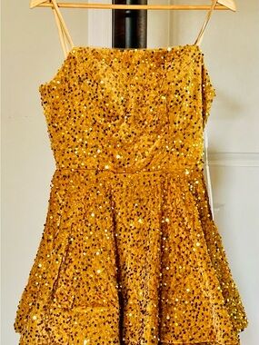 Gold Sequin Spaghetti-Strap Tiered Prom Dress